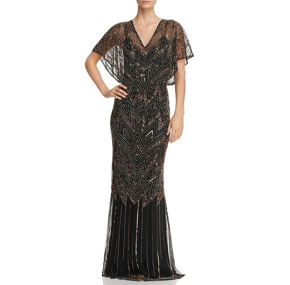 NWT Aidan Mattox Black Sequined Beaded V-Neck Short Sleeve Gown
